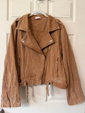Pink Lily Corduroy Moto Jacket in Camel Tan